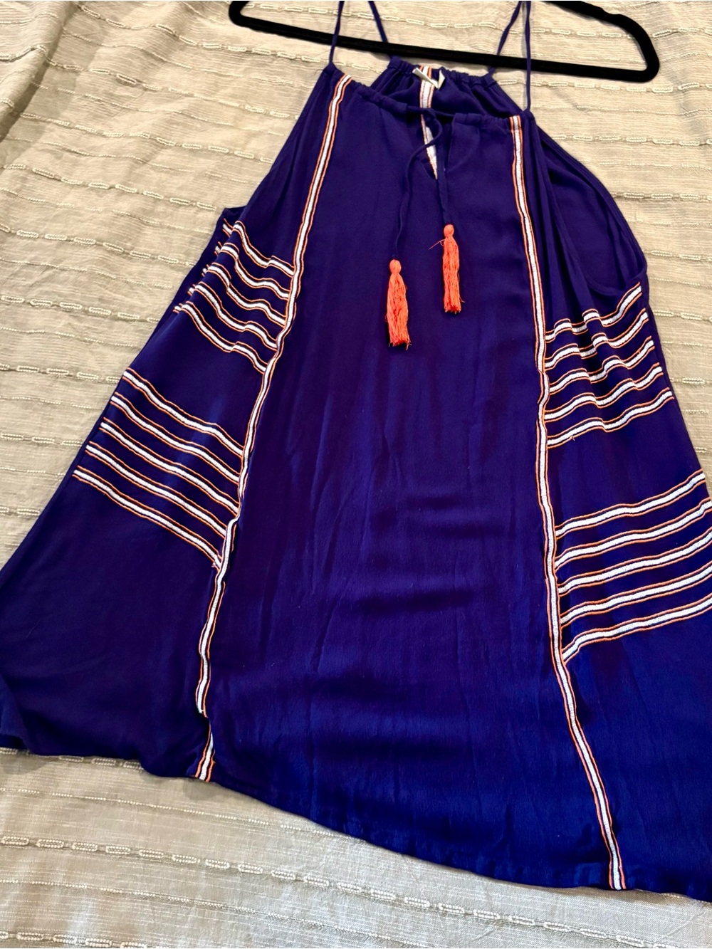 Saint Tropez West Deep Blue Halter Mini Dress with Orange Tassels